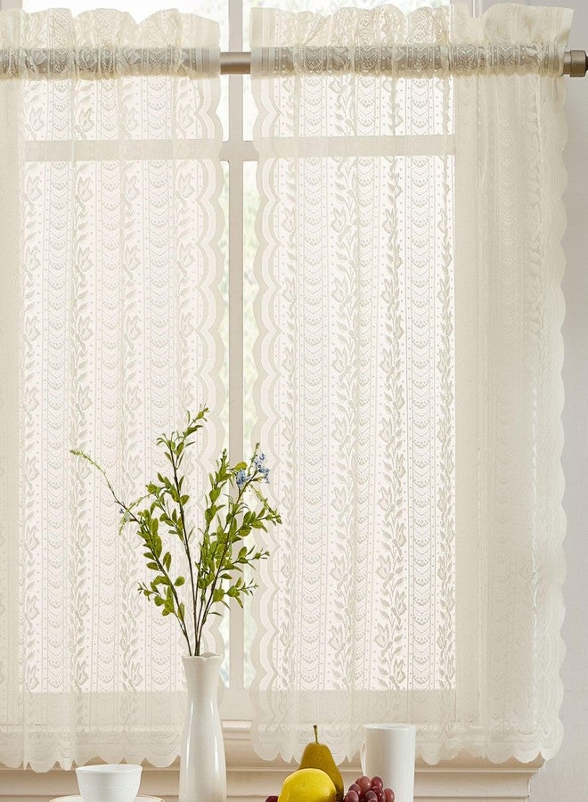 HLC.ME Sophia Floral Rod Pocket Lace Semi Sheer Voile Short Cafe Tiers for Small Windows - 28 x 36 Inch Length (Ivory Tiers, Set of 2) - Image 1