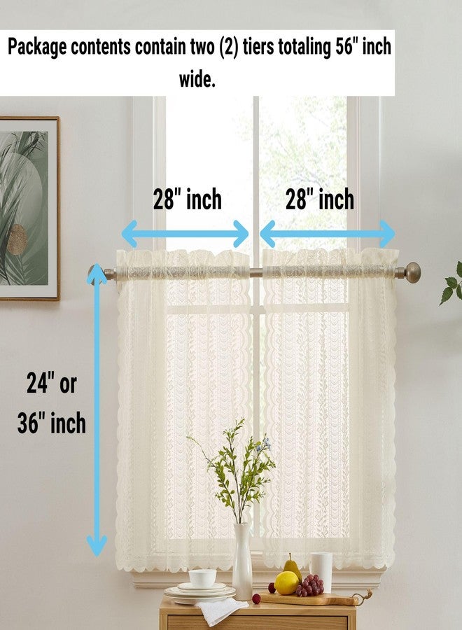 HLC.ME Sophia Floral Rod Pocket Lace Semi Sheer Voile Short Cafe Tiers for Small Windows - 28 x 36 Inch Length (Ivory Tiers, Set of 2) - Image 2