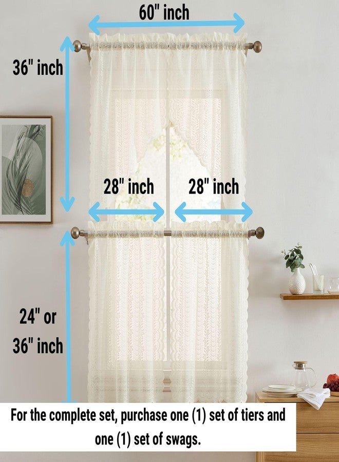 HLC.ME Sophia Floral Rod Pocket Lace Semi Sheer Voile Short Cafe Tiers for Small Windows - 28 x 36 Inch Length (Ivory Tiers, Set of 2) - Image 4
