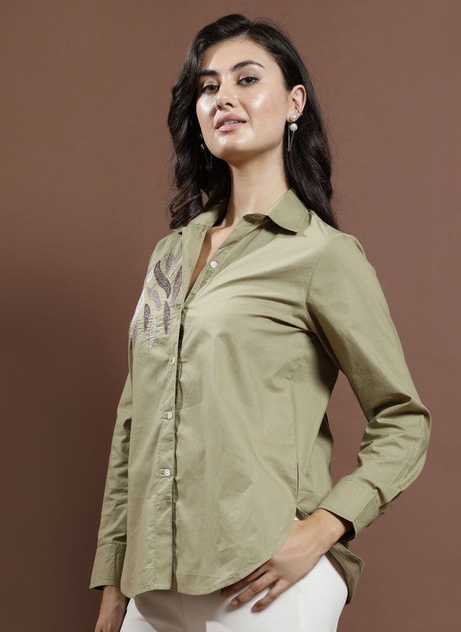 Athena Olive Embellished Shirt for Women - Image 4