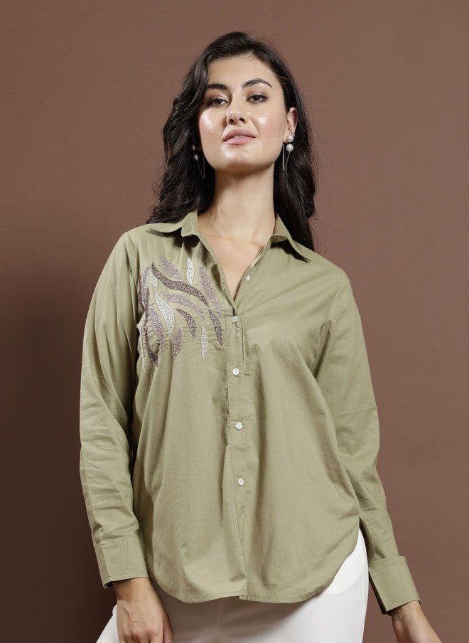 Athena Olive Embellished Shirt for Women - Image 1