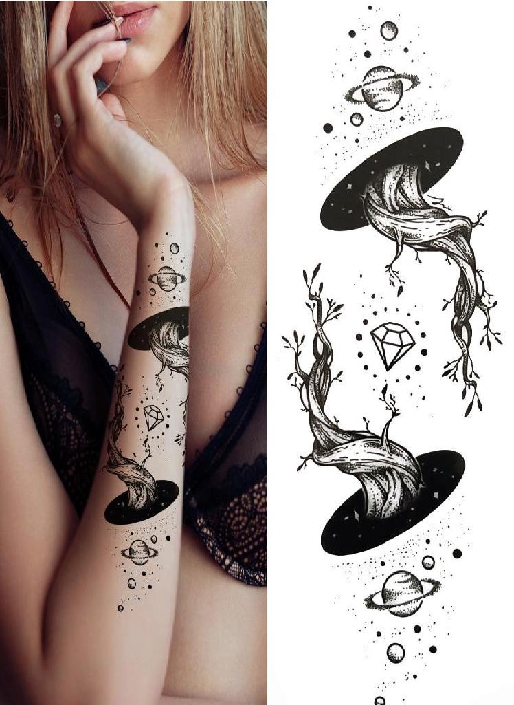 Eckek - Diamond Tree Planet Temporary Tattoo For Women Black Buddha Forest Hourglass Tattoo Sticker Fake Demon Eye Triangle Tatoo Paste - Image 1