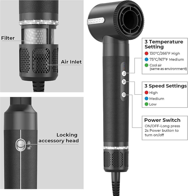 JINYAWA 7 in 1 Hair Dryer Brush,110000 RPM High Speed Blow Dryer Wrap System,Detachable Hair Styling Tools - Ionic Hair Dryer with Diffuser, Air Curling Iron,Curling Brush,Hair Straightener Brush - Image 5