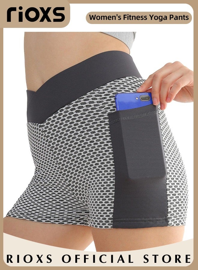 RIOXS Women's High Waisted Tummy Control Shorts Workout Yoga Pants Athletic Soft Training Shorts With Side Pockets For Phone  - Image 5