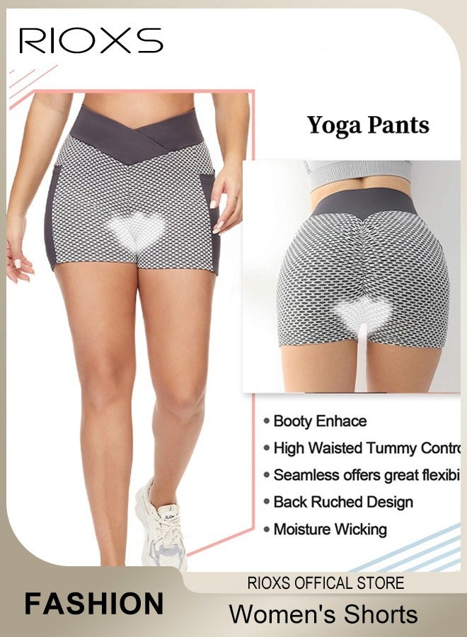 RIOXS Women's High Waisted Tummy Control Shorts Workout Yoga Pants Athletic Soft Training Shorts With Side Pockets For Phone  - Image 2