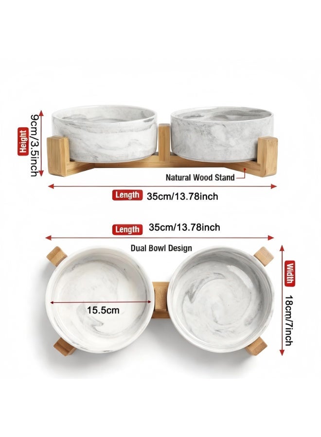 EPET Elevated Marble Pattern Ceramic Pet Bowl with Wood Stand, Double Bowl (Grey, Medium) - Image 2