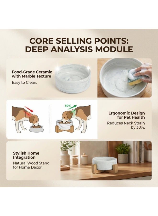 EPET Elevated Marble Pattern Ceramic Pet Bowl with Wood Stand, Double Bowl (Grey, Medium) - Image 3