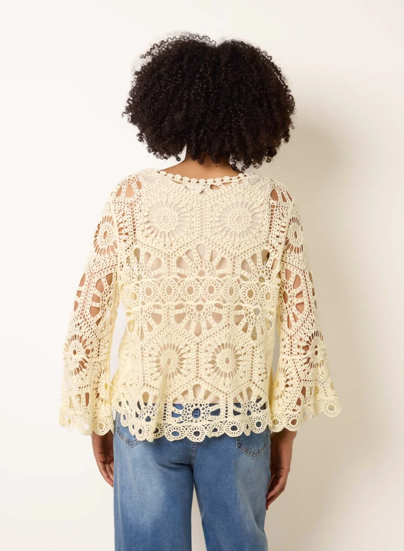 بلو فانيلا بلوزة كروشيه بأكمام واسعة