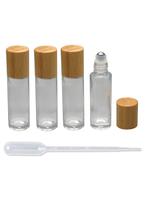 4 Pieces Roll On Bottles 15ml Clear Glass Roller Bottles with Bamboo Lid Empty Refillable Essential Oil Roller Bottles with Stainless Steel Roller Ball and 1 Piece 3ml Dropper