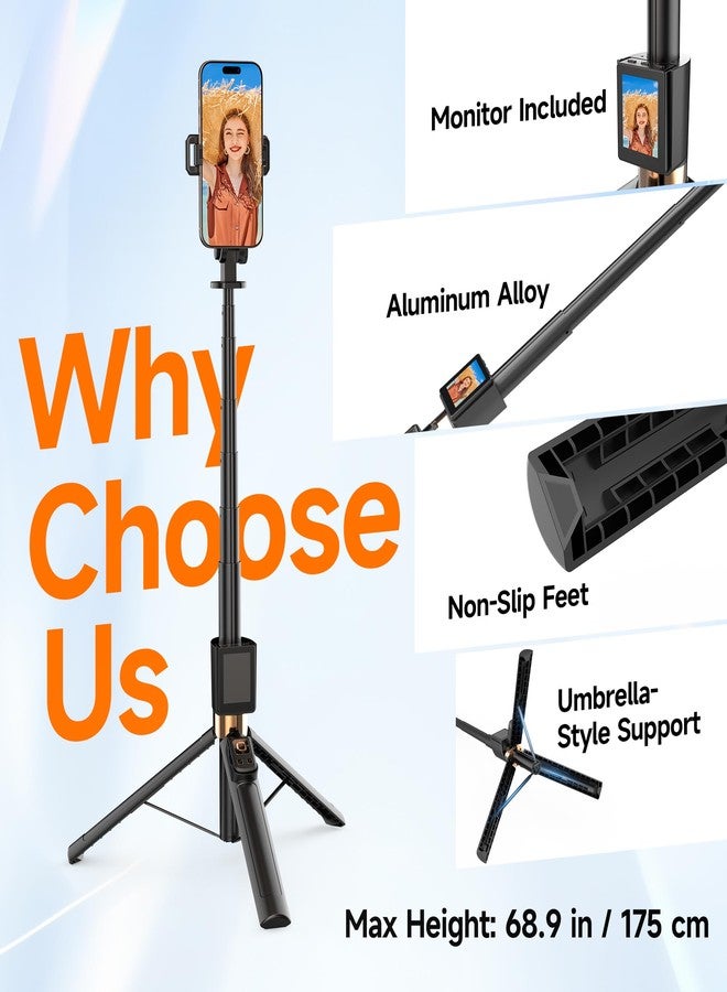 Moman 69" Selfie Stick Tripod with Selfie Monitor, CL07 Extendable Back Camera Phone Tripod with Wireless Remote for iPhone and Android, Perfect for Travel Vlogging - Image 5