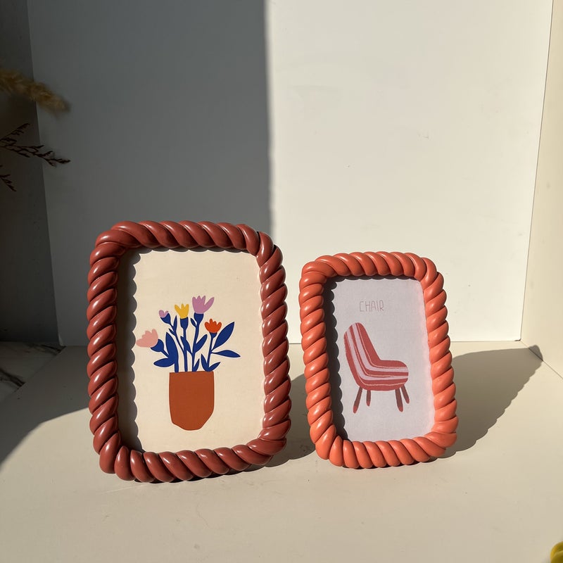 Braided Border Resin Photo Frame Coral Orange Red 6 Inch Desktop Picture Frame Cute Wavy Border Design Home Decor Photo Display Stand - Image 2