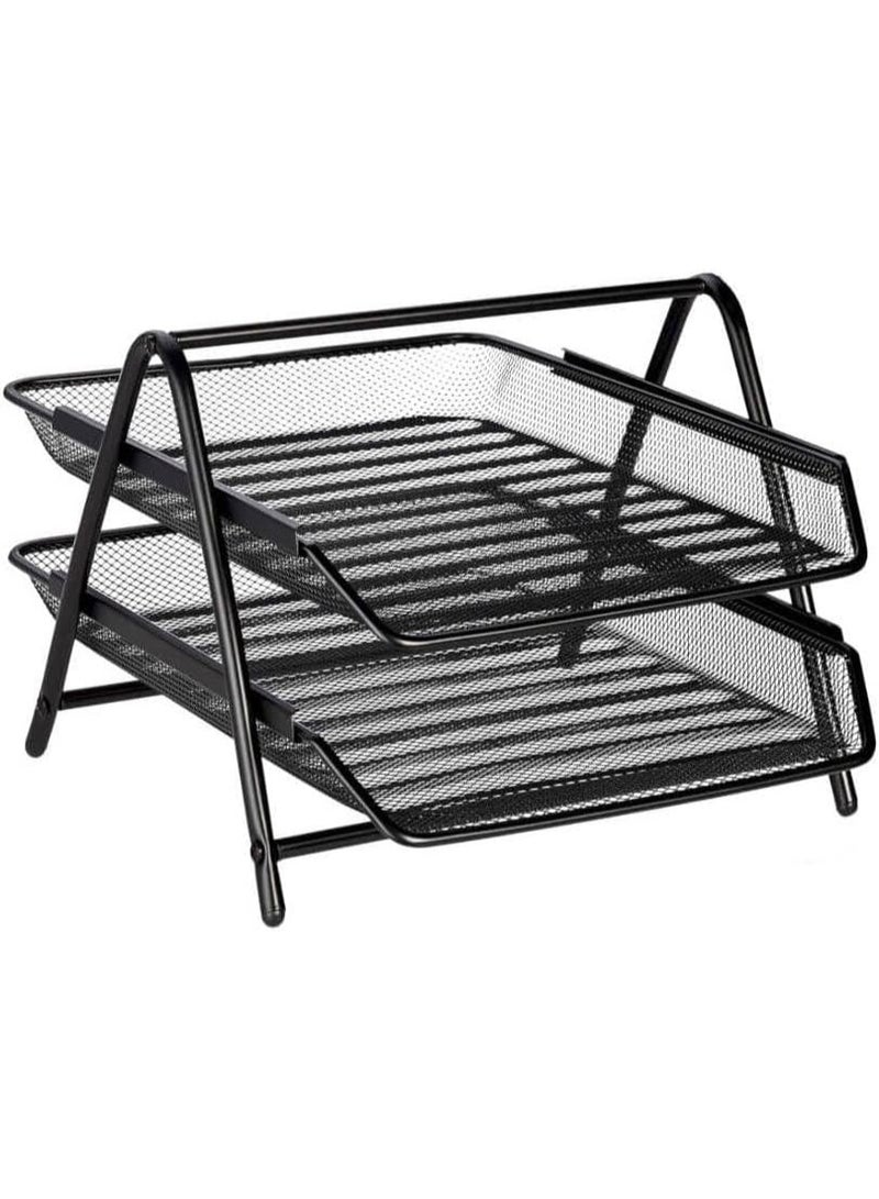 أتش أف صينية ورق ذات طبقتين، منظم سطح المكتب، صينية معدنية ذات طبقتين بحجم A4، منظم مكتب، تخزين ملفات ورقية، مساحة عمل، مكتب، أسود - Image 1