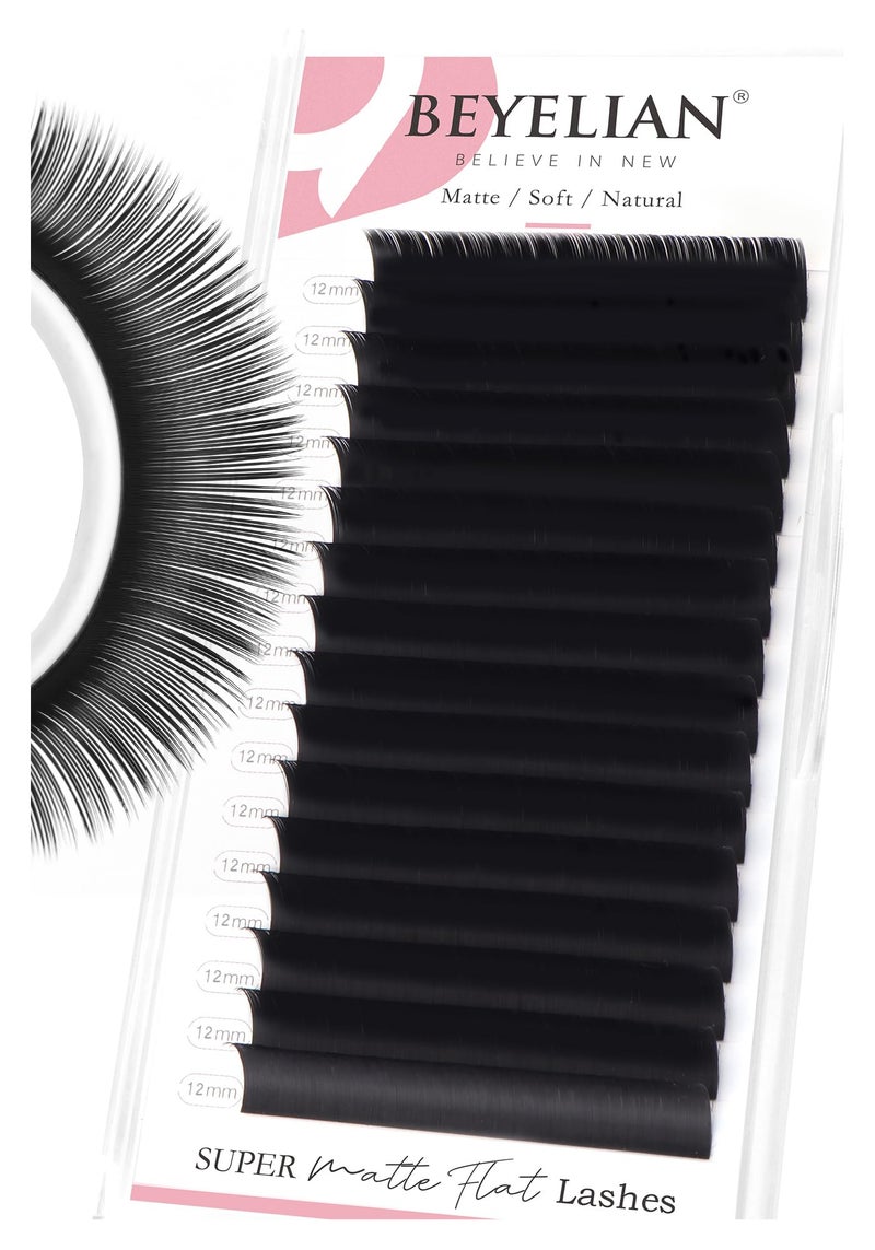 BEYELIAN Flat Eyelash Extension Ellipse Lash Extensions 015 D Curl 12mm 16 Rows Matte Black Eyelash Extension Supplies Classic Lash Extensions Individual Eyelashes Salon Use