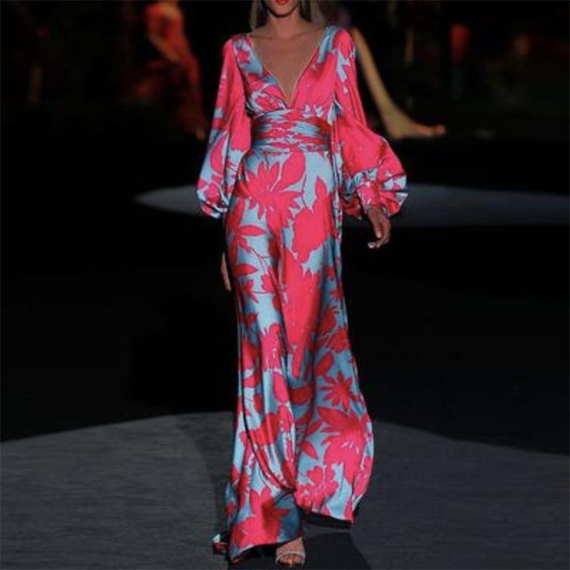 Hot selling lady [Paris show] export dress lantern sleeve design V-neck dress Green - Image 3