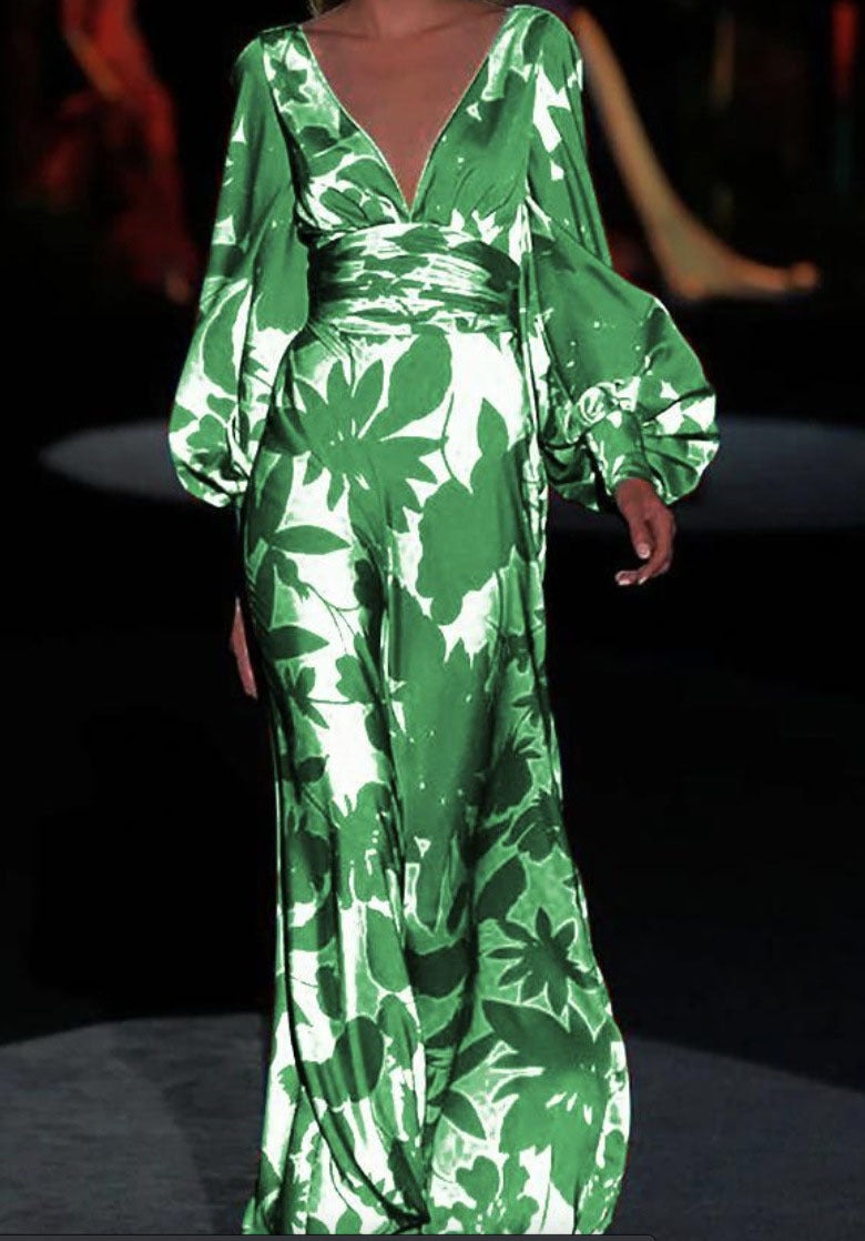 Hot selling lady [Paris show] export dress lantern sleeve design V-neck dress Green - Image 1