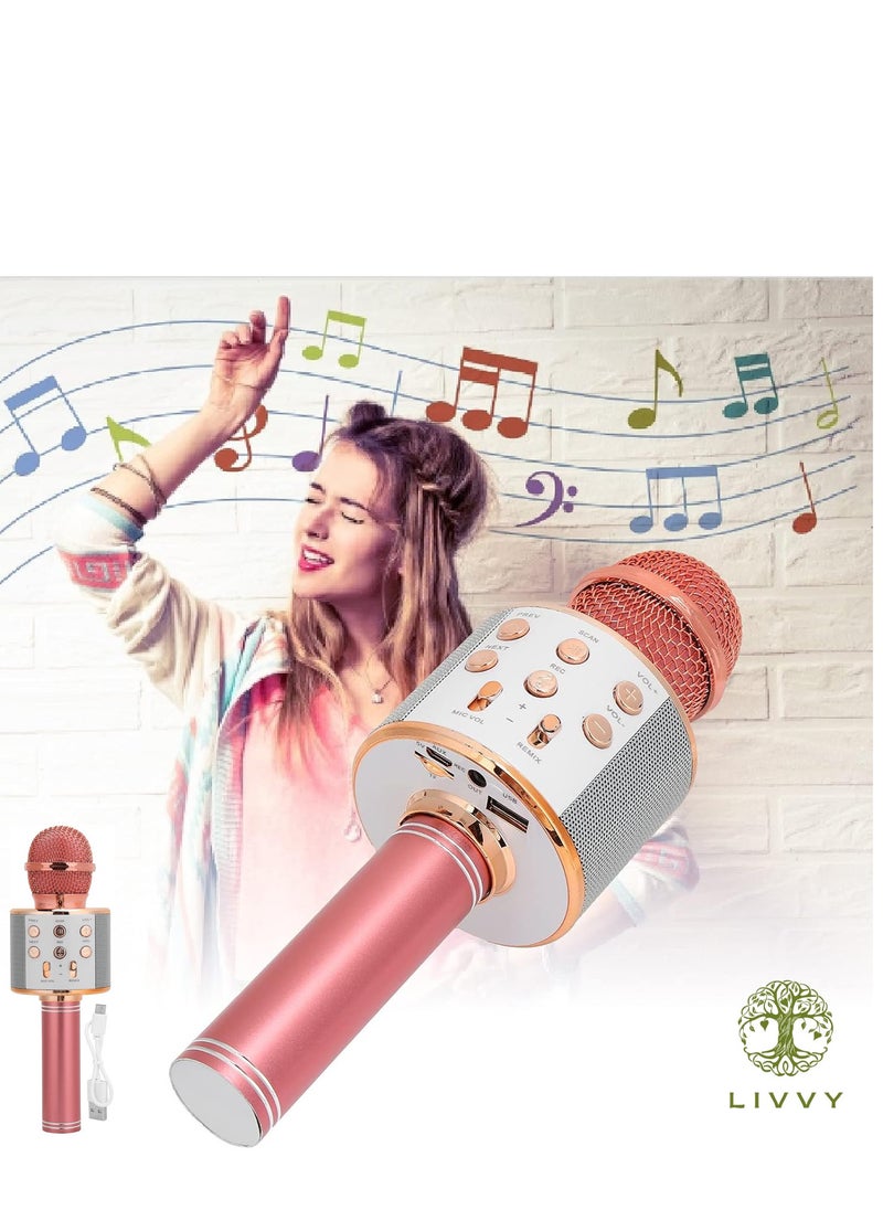 LIVVY - Bluetooth Wireless Karaoke Microphone | 3-in-1 Portable Handheld Mic Speaker for Smartphones | Wireless Bluetooth Speaker with 3-Layer Automatic Noise Reduction - (Rose Gold) - Image 1
