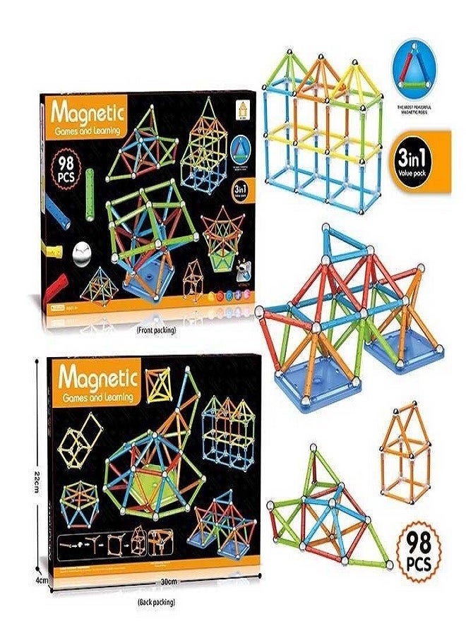 Magnetic 98 Pieces Magnetic Building Blocks 3D Puzzle Toy Building Games with Colorful Magnetic Sticks Montessori Best Gift for Girls and Boys  - Image 1