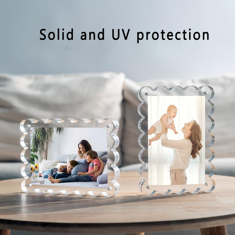 Chivalral 3 Pack Acrylic Picture Frame. 4x6inch Magnetic Picture Frames, Double Sided,10+10mm Thick Block, Clear Photo Scalloped Frames Freestanding for Desktop Display - Image 4