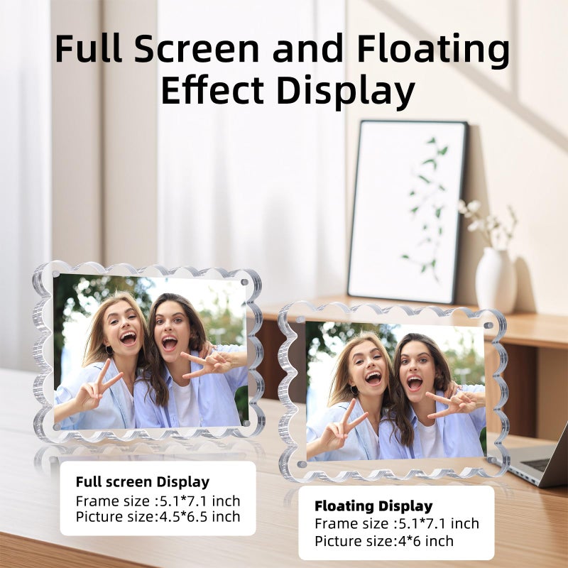 Chivalral 3 Pack Acrylic Picture Frame. 4x6inch Magnetic Picture Frames, Double Sided,10+10mm Thick Block, Clear Photo Scalloped Frames Freestanding for Desktop Display - Image 3
