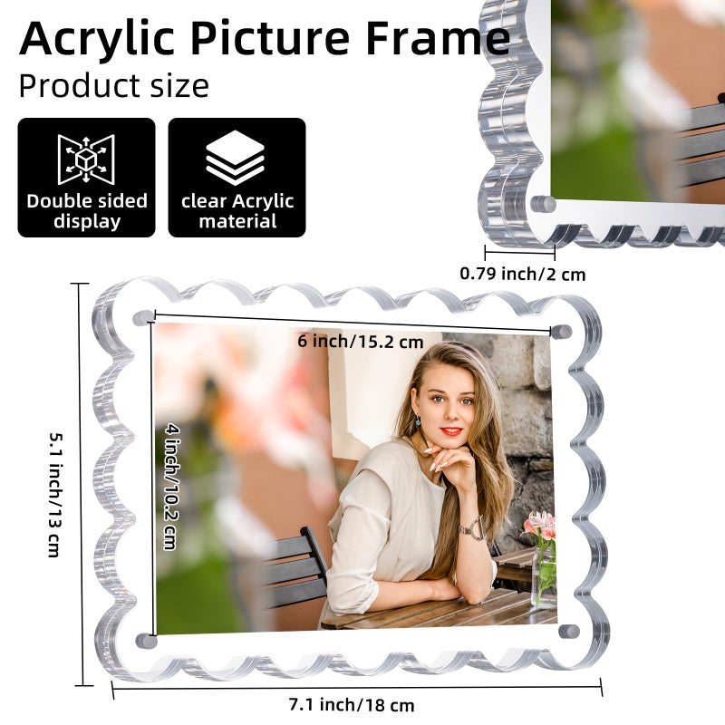 Chivalral 3 Pack Acrylic Picture Frame. 4x6inch Magnetic Picture Frames, Double Sided,10+10mm Thick Block, Clear Photo Scalloped Frames Freestanding for Desktop Display - Image 2
