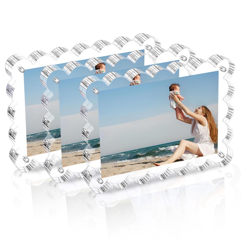 Chivalral 3 Pack Acrylic Picture Frame. 4x6inch Magnetic Picture Frames, Double Sided,10+10mm Thick Block, Clear Photo Scalloped Frames Freestanding for Desktop Display - Image 1