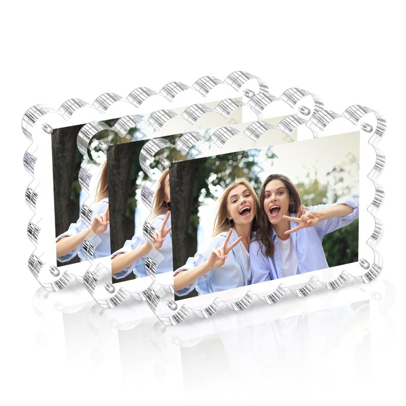 Chivalral 3 Pack Acrylic Picture Frame. 4x6inch Magnetic Picture Frames, Double Sided,10+10mm Thick Block, Clear Photo Scalloped Frames Freestanding for Desktop Display - Image 5