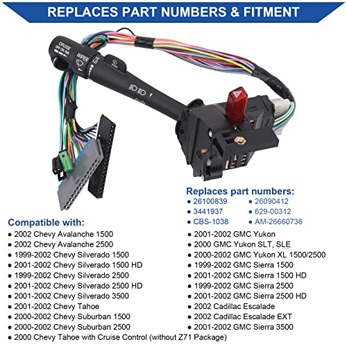 Obaee Turn Signal Switch Multi-Function Switch Compatible with Silverado Avalanche Tahoe Suburban, Yukon Sierra 1999-2002 Replacement OE 26100839, 3441937, CBS-1038 / Wiper, Washers, Hazard - Image 2