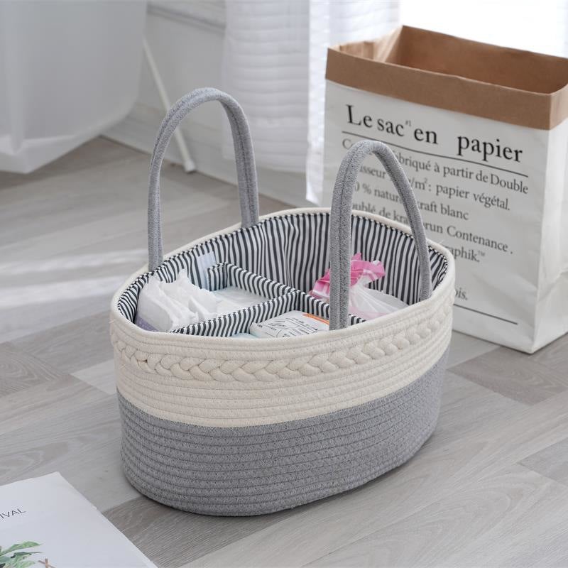 Original White Hand Cotton Rope Woven Baby Diaper Basket Toy Storage Basket Storage Box Tassel Portable Basket Removable(Grey White Three-Strand Braid, Oval 36*22 * H18) - Image 1