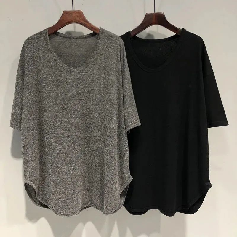 Plus Size 150.00Kg Summer U-Neck T-Shirt Women'S Short-Sleeved Curved Hem Loose Belly-Covering Mid-Long Lazy Style Top - Image 5