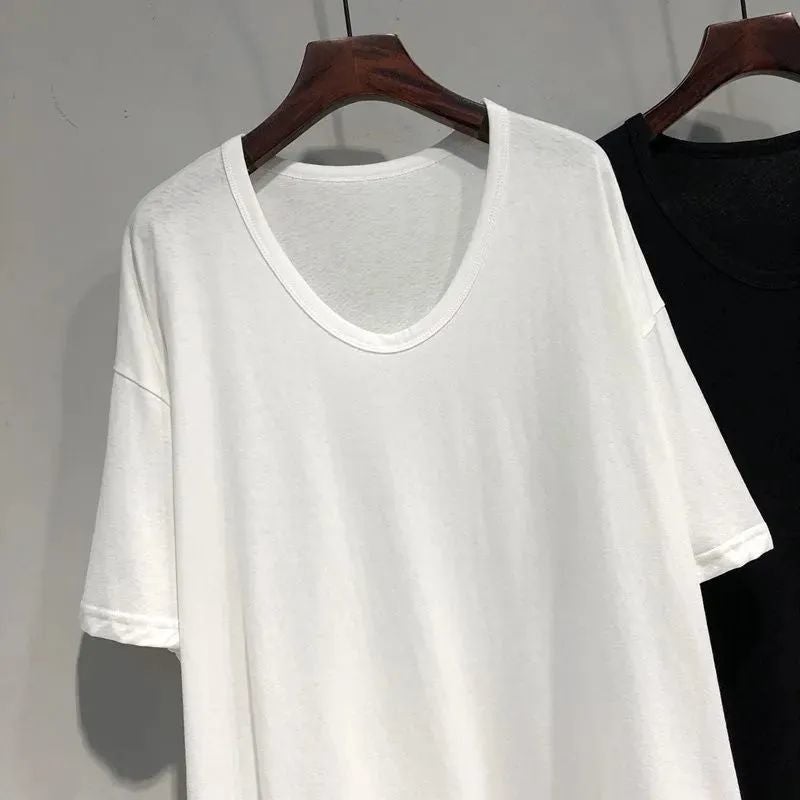 Plus Size 150.00Kg Summer U-Neck T-Shirt Women'S Short-Sleeved Curved Hem Loose Belly-Covering Mid-Long Lazy Style Top - Image 3