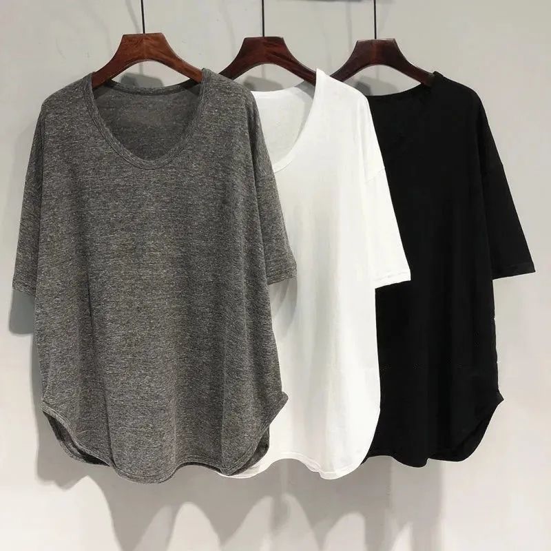 Plus Size 150.00Kg Summer U-Neck T-Shirt Women'S Short-Sleeved Curved Hem Loose Belly-Covering Mid-Long Lazy Style Top - Image 2