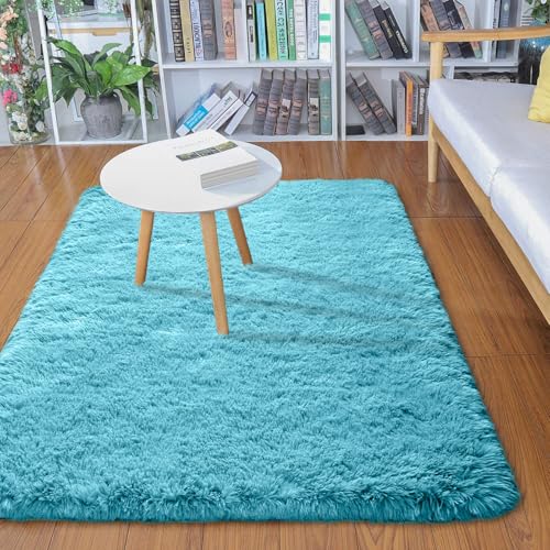 Merelax Modern Soft Fluffy Small Shaggy Rug for Bedroom Livingroom Dorm Kids Room Indoor Home Decorative, Non-Slip Plush Furry Fur Area Rugs Comfy Nursery Accent Floor Carpet 2x3 Feet, Teal - Image 1