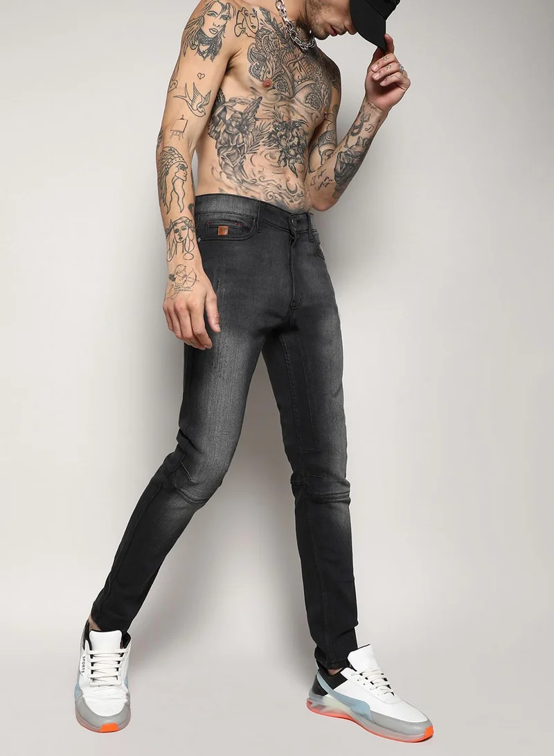 Campus Sutra Campus Sutra Men's Black Self-Design Patched Stitched Denim Jeans For Casual Wear | Medium-Wash | Regular Fit | Button Closure | Cotton Denim Jeans Crafted With Comfort Fit For Everyday Wear