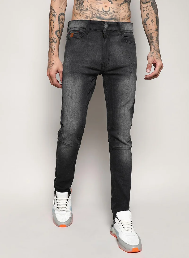 Campus Sutra Campus Sutra Men's Black Self-Design Patched Stitched Denim Jeans For Casual Wear | Medium-Wash | Regular Fit | Button Closure | Cotton Denim Jeans Crafted With Comfort Fit For Everyday Wear