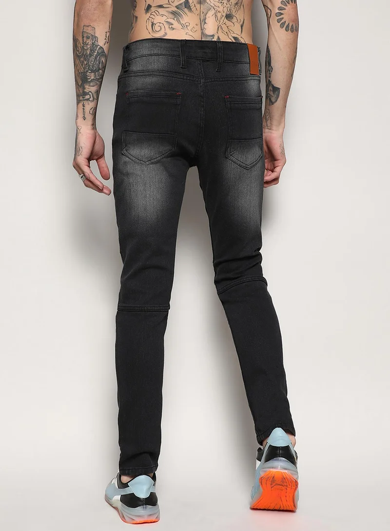 Campus Sutra Campus Sutra Men's Black Self-Design Patched Stitched Denim Jeans For Casual Wear | Medium-Wash | Regular Fit | Button Closure | Cotton Denim Jeans Crafted With Comfort Fit For Everyday Wear