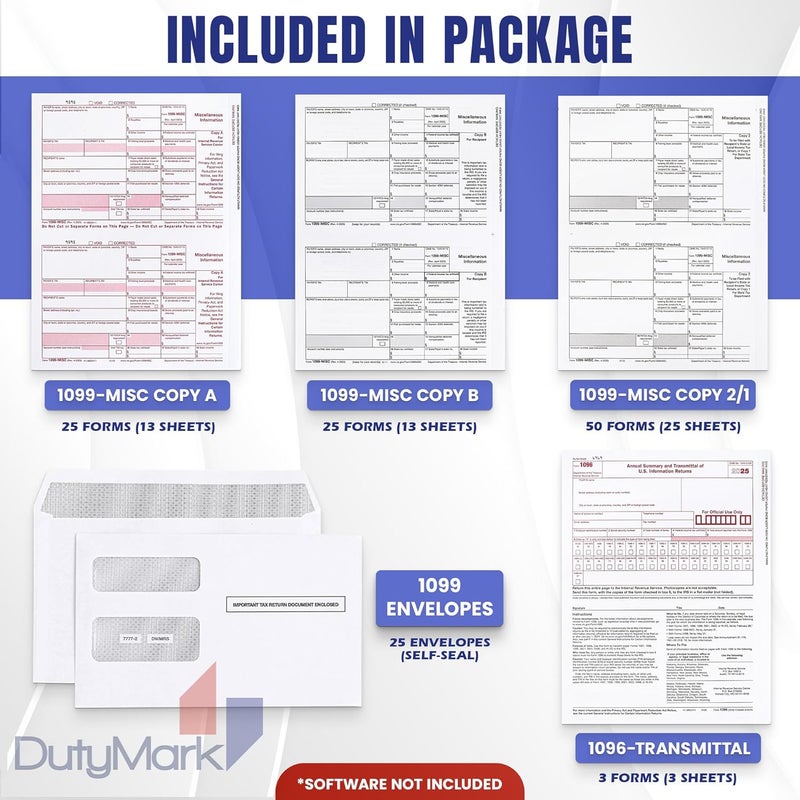 Dutymark DuryMark 1099 Misc Tax Forms 2025 with Envelopes, 25 Vendor Kit for 4 Part Tax Forms, Compatible with QuickBooks and Accountings Software, 25 Self Seal Envelopes, Made in USA - Image 2