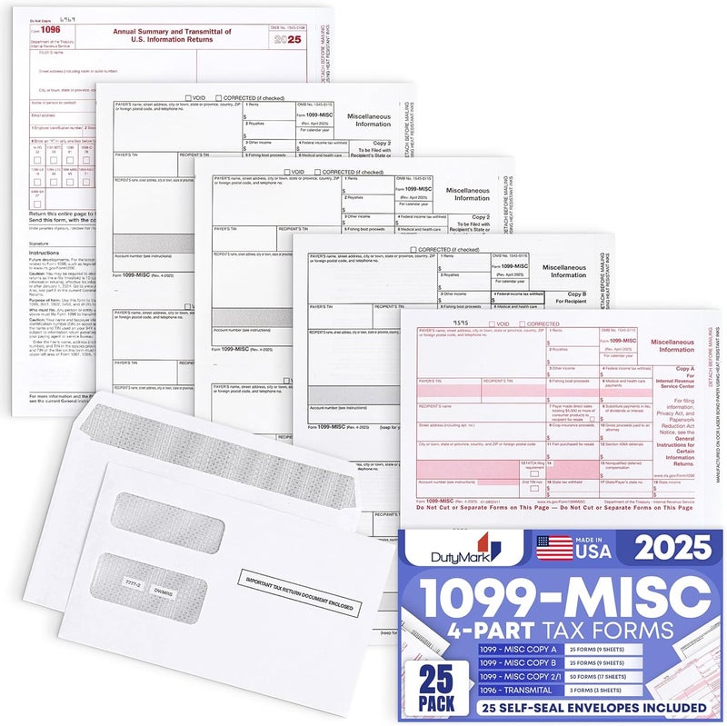 Dutymark DuryMark 1099 Misc Tax Forms 2025 with Envelopes, 25 Vendor Kit for 4 Part Tax Forms, Compatible with QuickBooks and Accountings Software, 25 Self Seal Envelopes, Made in USA - Image 1