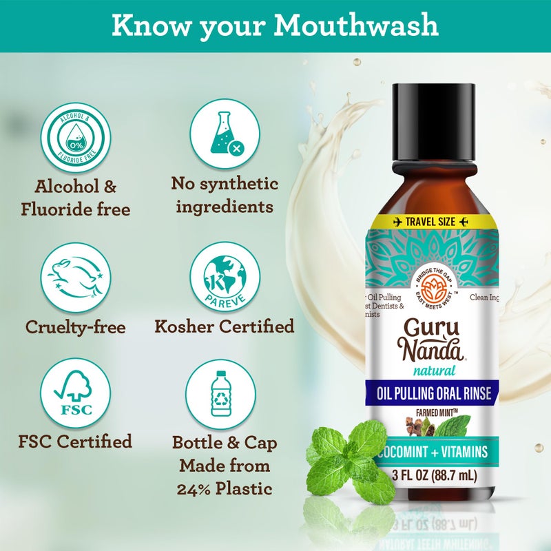 GuruNanda Travel Size CocoMint Oil Pulling Mouthwash, 7 Essential Oils & Vitamins, Promotes Fresh Breath & Happy Gums, No Alcohol & Fluoride, 3 oz - Image 5