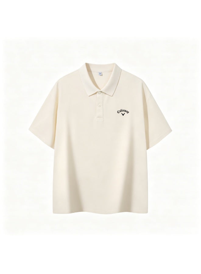 Callaway Men’s Cream Off White Short Sleeve Golf Polo Shirt with Black Printed Chest Logo - Image 2
