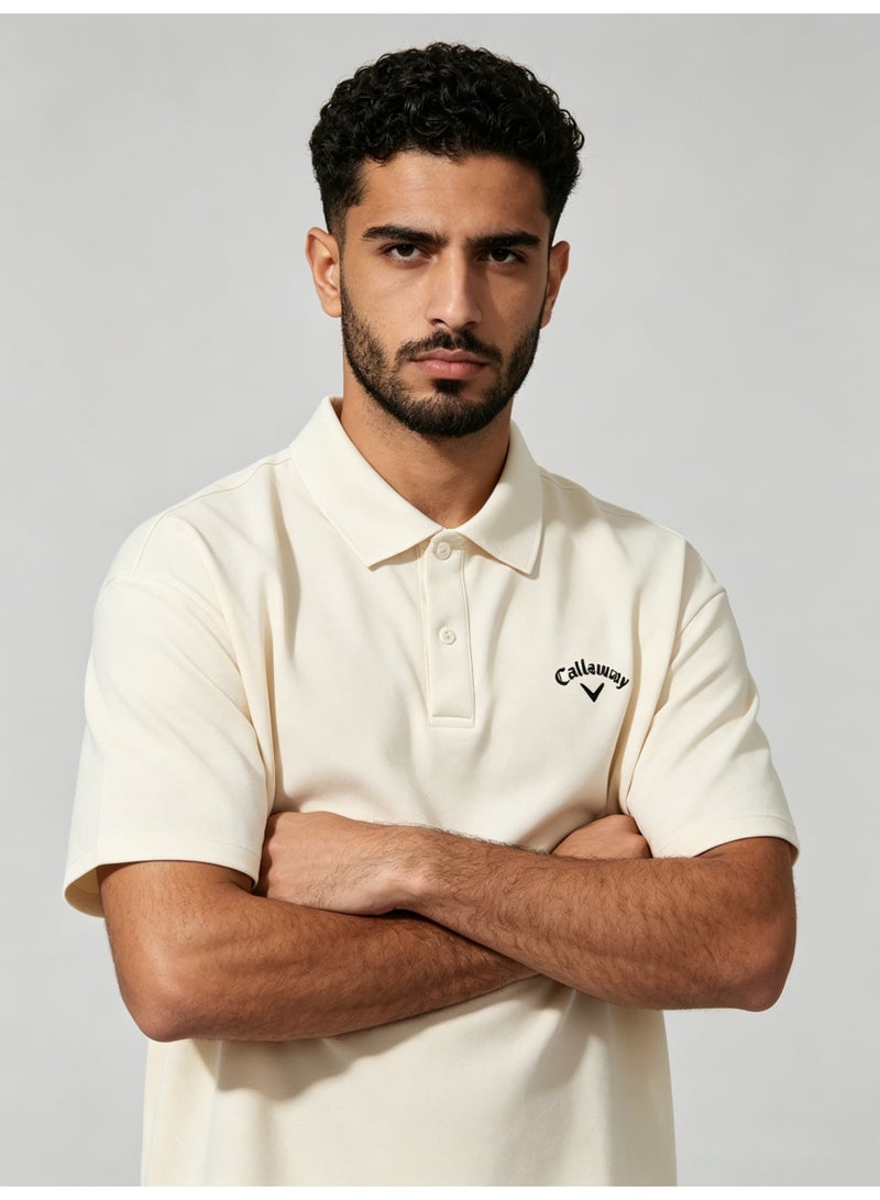 Callaway Men’s Cream Off White Short Sleeve Golf Polo Shirt with Black Printed Chest Logo - Image 4
