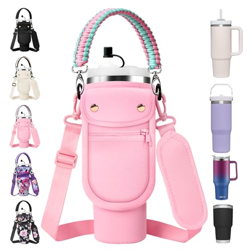 AceTreker Water Bottle Sling Bag with Handle for Stanley 3040 oz Tumbler Stainless Steel Cup Sleeve with 2 Pockets Straw Cap Strap for Stanley Cup AccessoriesPink - Image 1