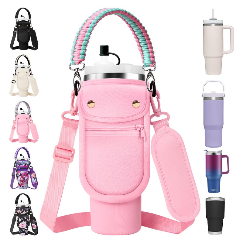 AceTreker Water Bottle Sling Bag with Handle for Stanley 3040 oz Tumbler Stainless Steel Cup Sleeve with 2 Pockets Straw Cap Strap for Stanley Cup AccessoriesPink - Image 2