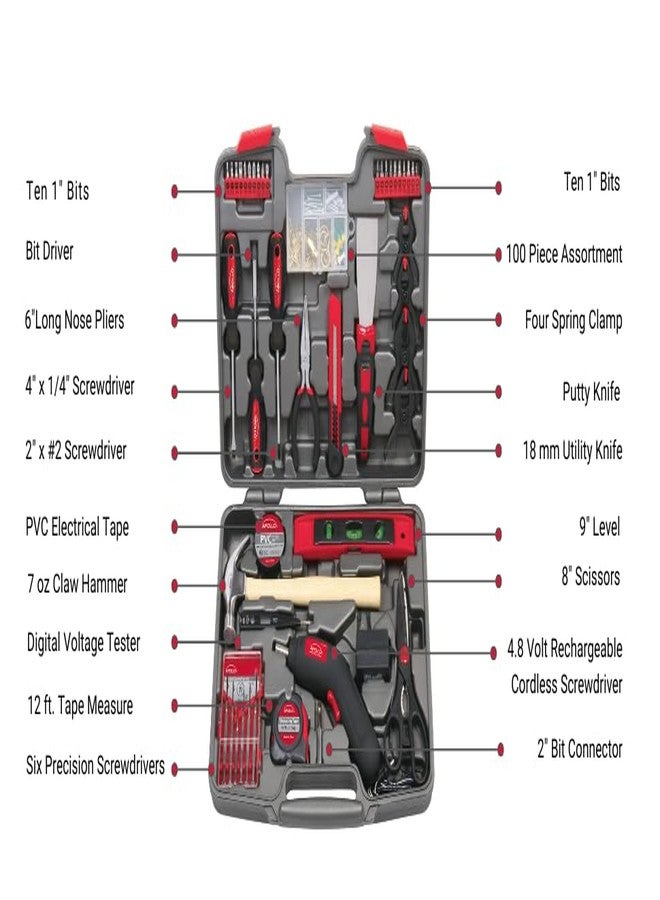 Apollo Tools 144 Piece Household Tool Set with Convenient Cordless Screwdriver and Most Used Tools in Sturdy Carrying Case for Home Repairs, DIY and Crafts - Red - DT8422 - Image 4
