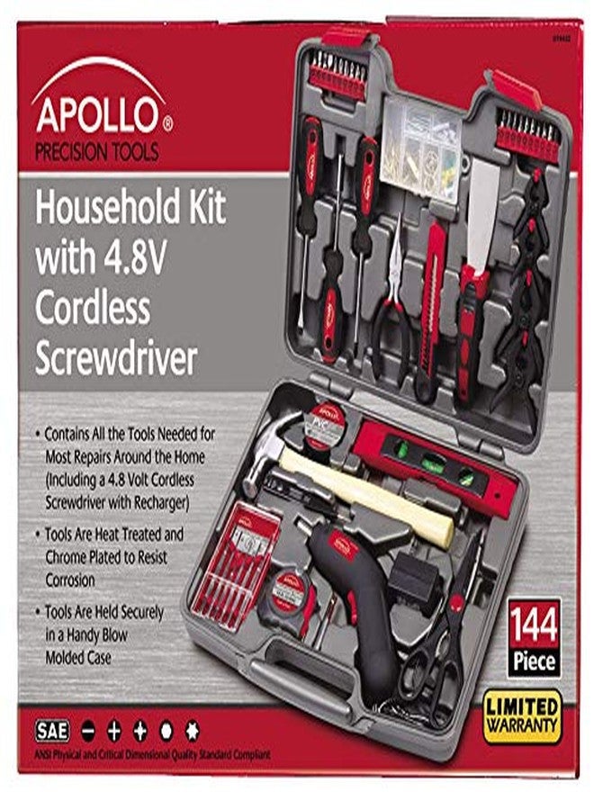 Apollo Tools 144 Piece Household Tool Set with Convenient Cordless Screwdriver and Most Used Tools in Sturdy Carrying Case for Home Repairs, DIY and Crafts - Red - DT8422 - Image 5