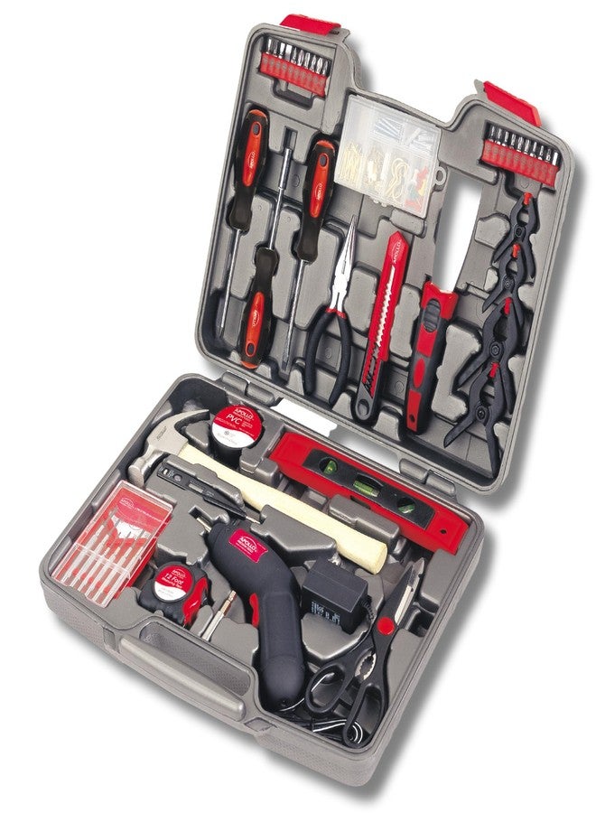 Apollo Tools 144 Piece Household Tool Set with Convenient Cordless Screwdriver and Most Used Tools in Sturdy Carrying Case for Home Repairs, DIY and Crafts - Red - DT8422 - Image 2