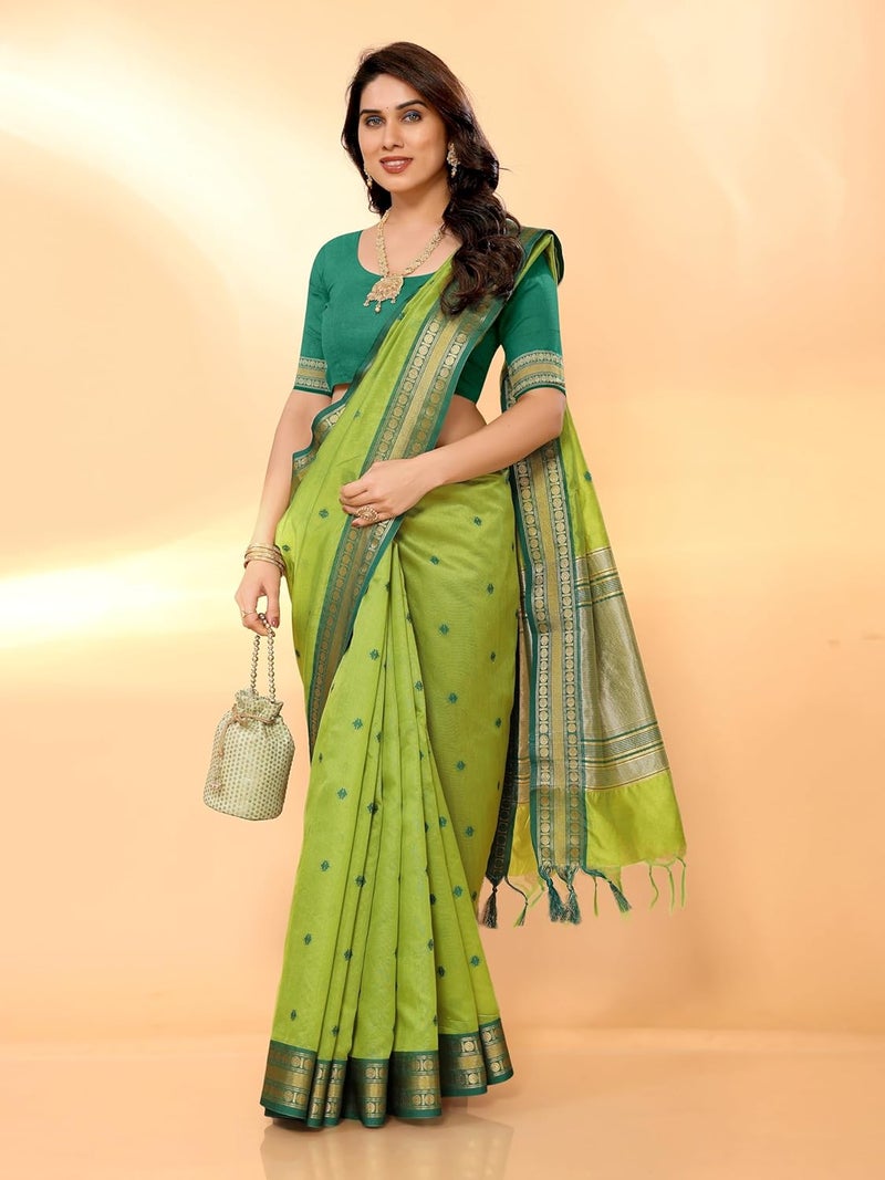 Sidhidata Women's Cotton Silk Jacquard Bordered Saree with Unstitched Blouse Piece in Paroot Green - Image 2