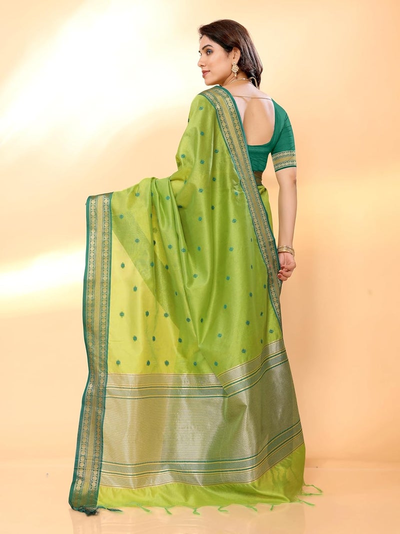 Sidhidata Women's Cotton Silk Jacquard Bordered Saree with Unstitched Blouse Piece in Paroot Green - Image 3