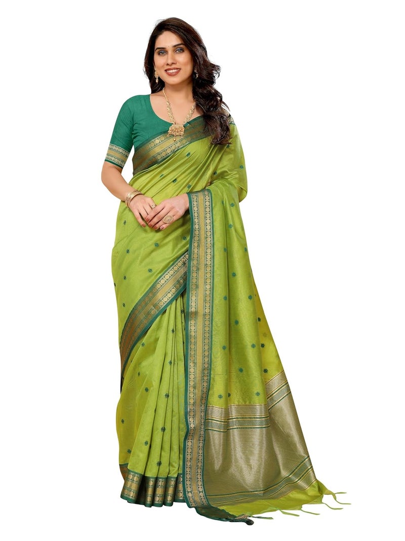 Sidhidata Women's Cotton Silk Jacquard Bordered Saree with Unstitched Blouse Piece in Paroot Green - Image 1