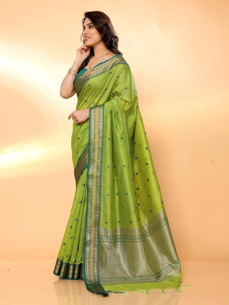 Sidhidata Women's Cotton Silk Jacquard Bordered Saree with Unstitched Blouse Piece in Paroot Green - Image 4