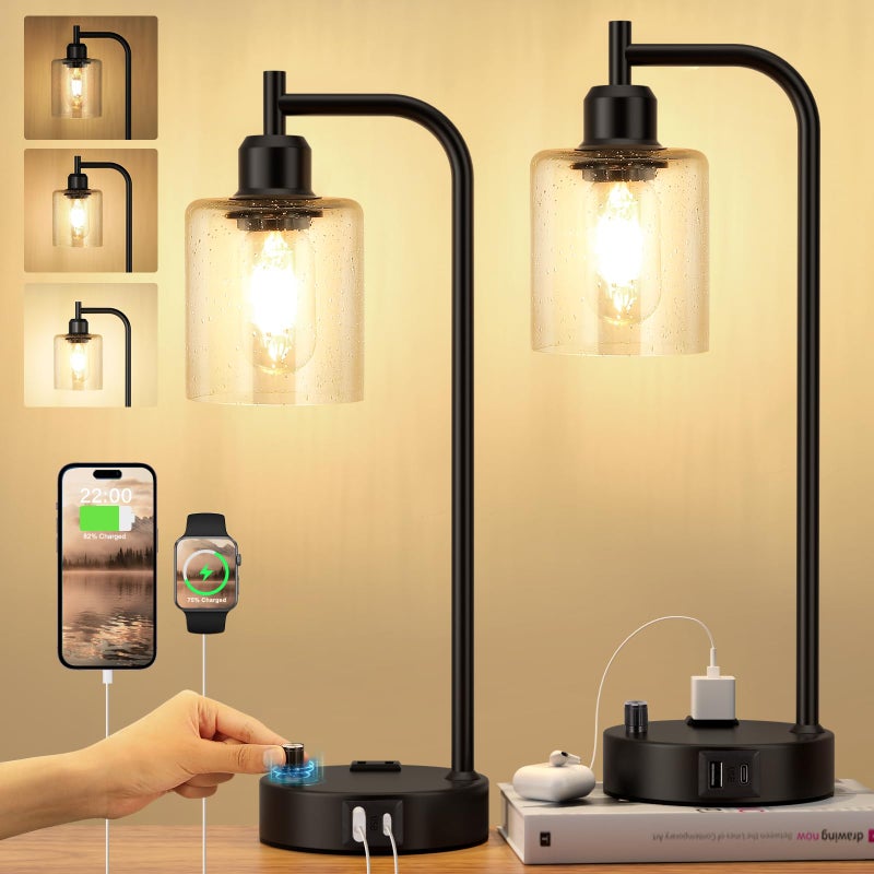 Innqoo Industrial Table Lamps for Bedrooms Set of 2 - Fully Dimmable Bedside Lamps with USB A and C Ports and Outlet, Black Nightstand Lamps with Glass Shade for Living Room, Desk Lamps for Office Reading - Image 1